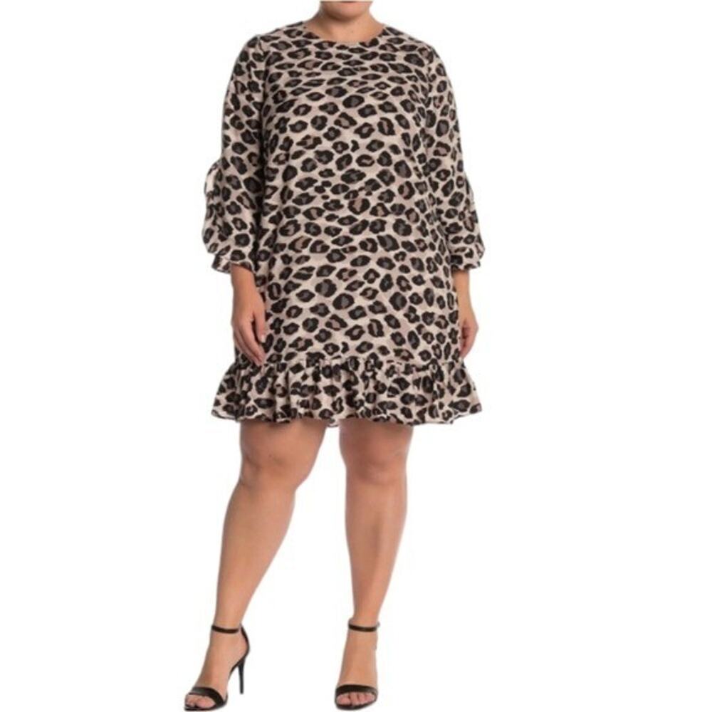 Eliza J. Leopard cheetah print long sleeve ruffle Peplum dress size 4 small